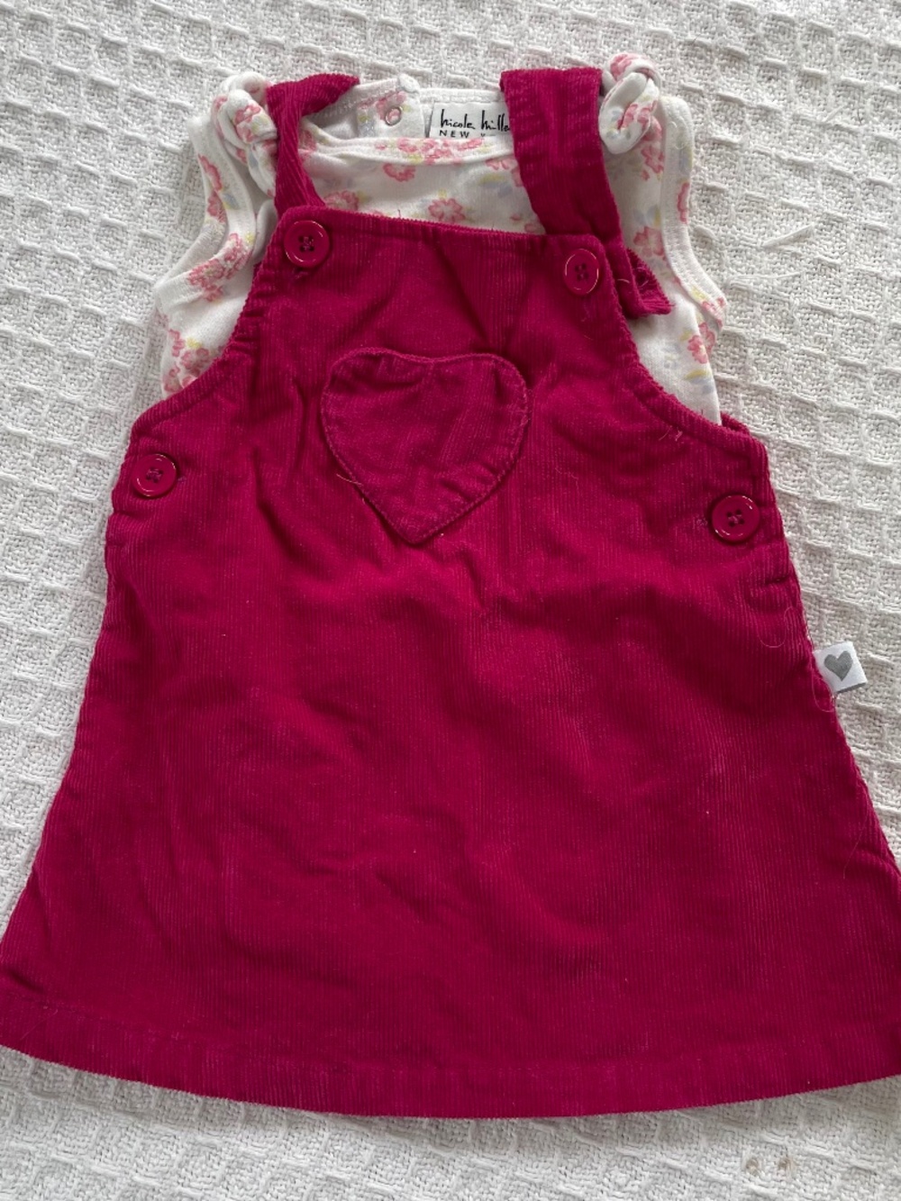 VTG Little Joy Pink Denim Dress w/Heart pocket & floral onesie - both size 6-9m